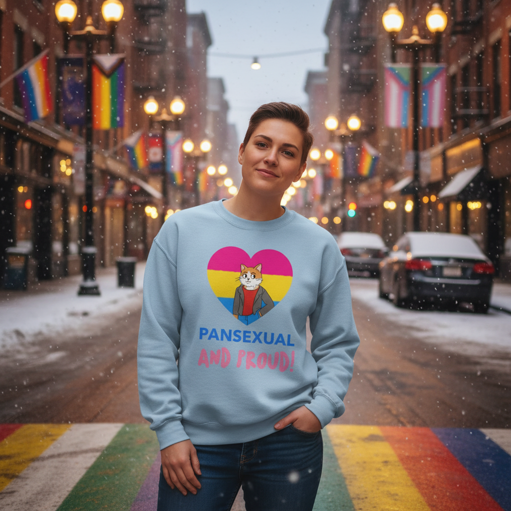 Person in snowy street wearing the Pansexual And Proud Unisex Sweatshirt featuring a heart with pansexual pride colors and a cartoon cat, embodying queer empowerment and joyful self-expression.