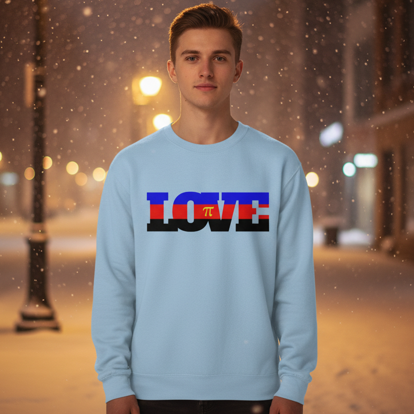 Polyamory Love Unisex Sweatshirt: A young man wears a light-blue sweatshirt with LOVE in bold colors, symbolizing pride and self-expression, set against a snow-dusted night scene, celebrating LGBTQIA+ visibility.