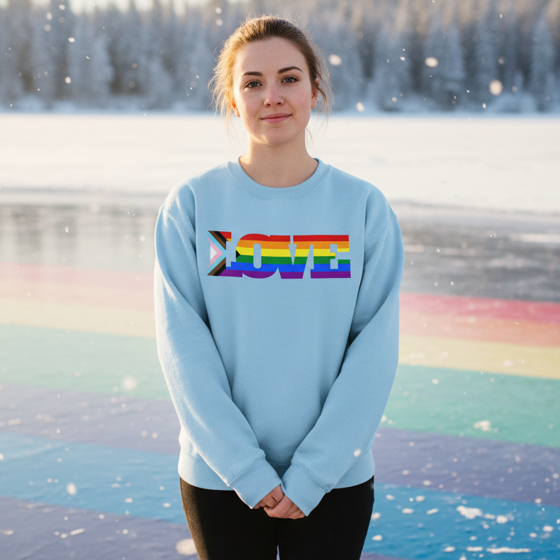 Person wearing a light blue sweatshirt with rainbow-striped “LOVE” lettering by a snowy, rainbow-painted rink