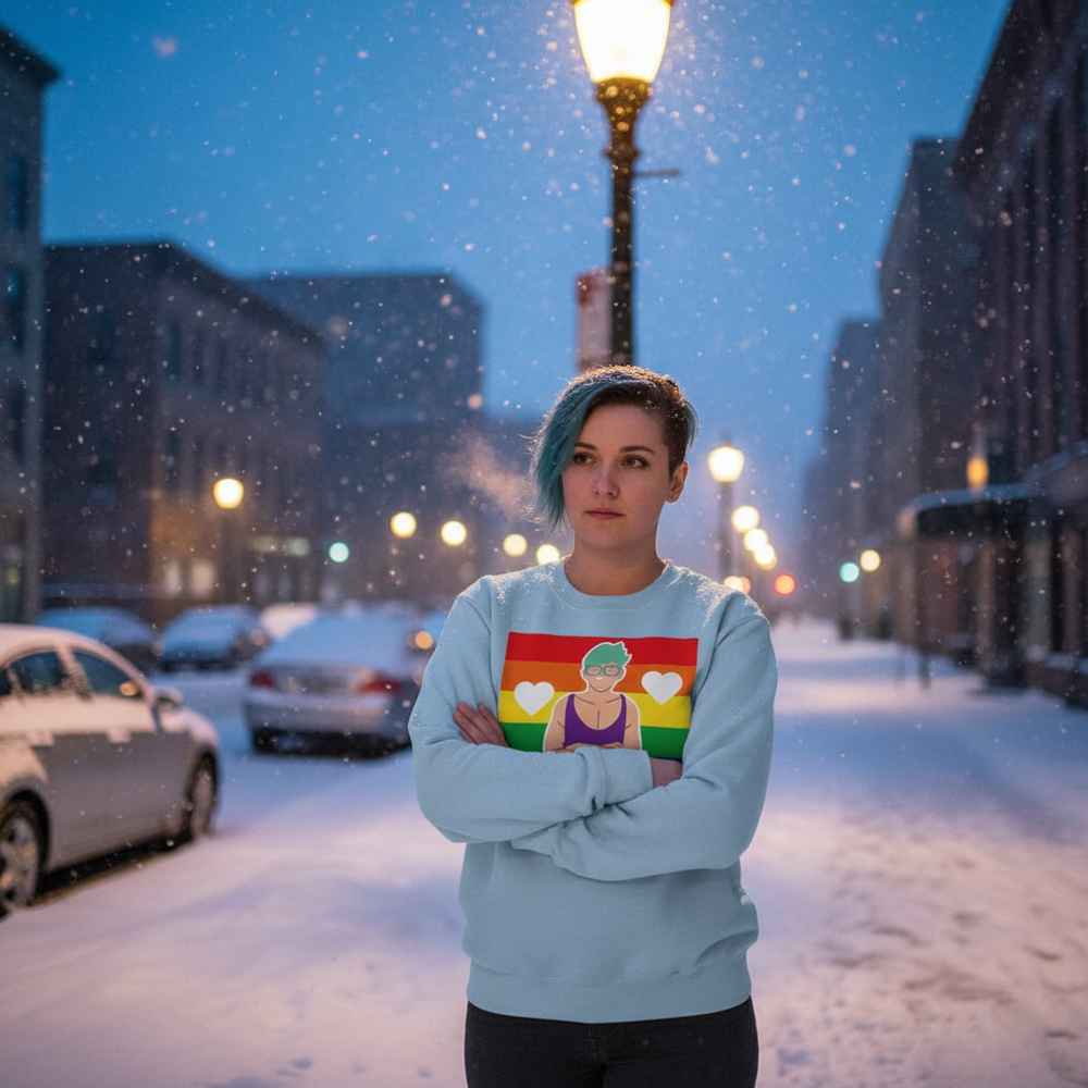 Person wearing a light blue sweatshirt with a rainbow heart graphic on a snowy city street