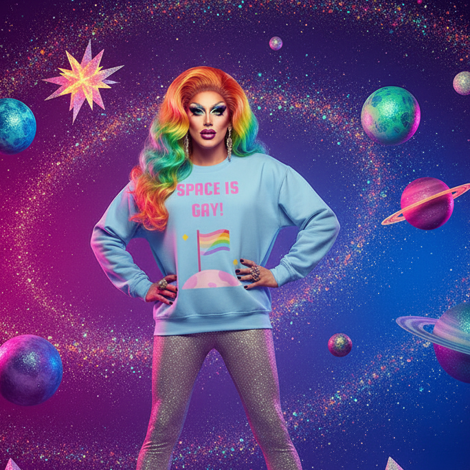 Space Is Gay Unisex Sweatshirt featuring a pastel-blue design with a cartoon moon and rainbow pride flag, worn by a drag performer in a vibrant, cosmic space scene.