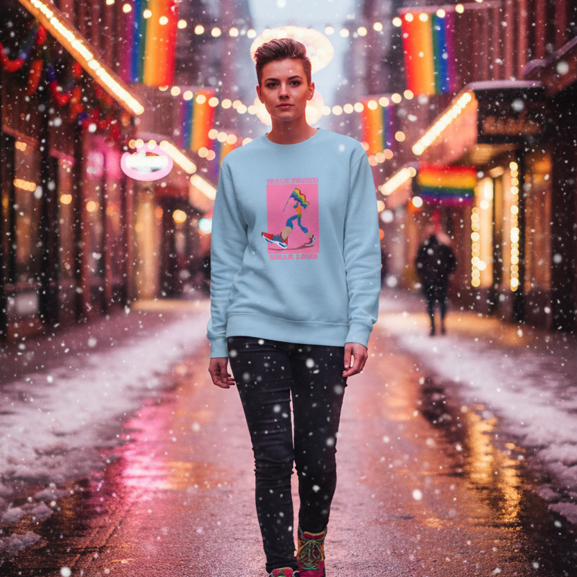 Model walking toward camera in a light blue sweatshirt with a colorful walking figure graphic