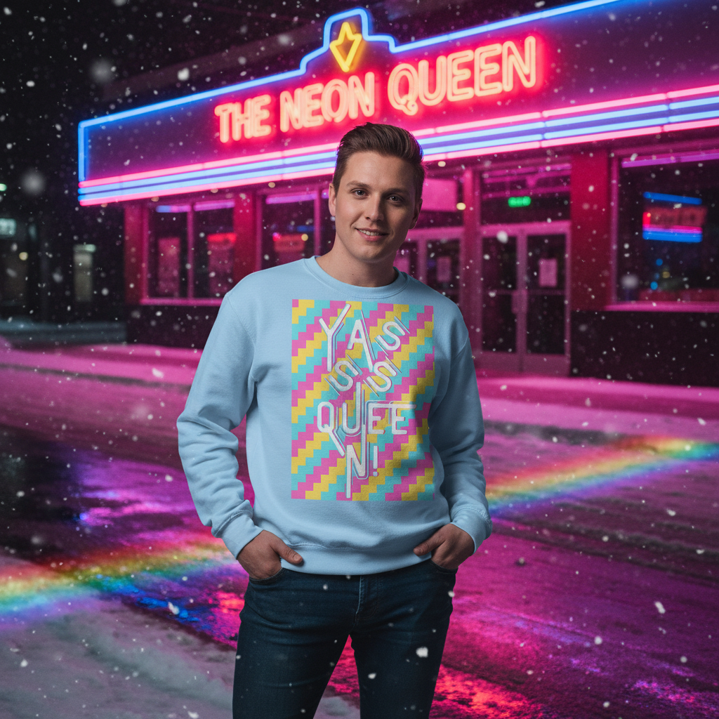 A young man joyfully showcases the Yasss Queen Unisex Sweatshirt, featuring a vibrant zig-zag block graphic, amidst a snowy street illuminated by neon. Perfect for celebrating pride with warmth and style.