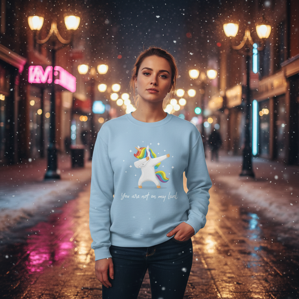 Young adult wearing the You Are Not On My Level Unisex Sweatshirt with a cartoon unicorn dab design, standing confidently on a snowy city street, surrounded by glowing streetlamps and neon signs.