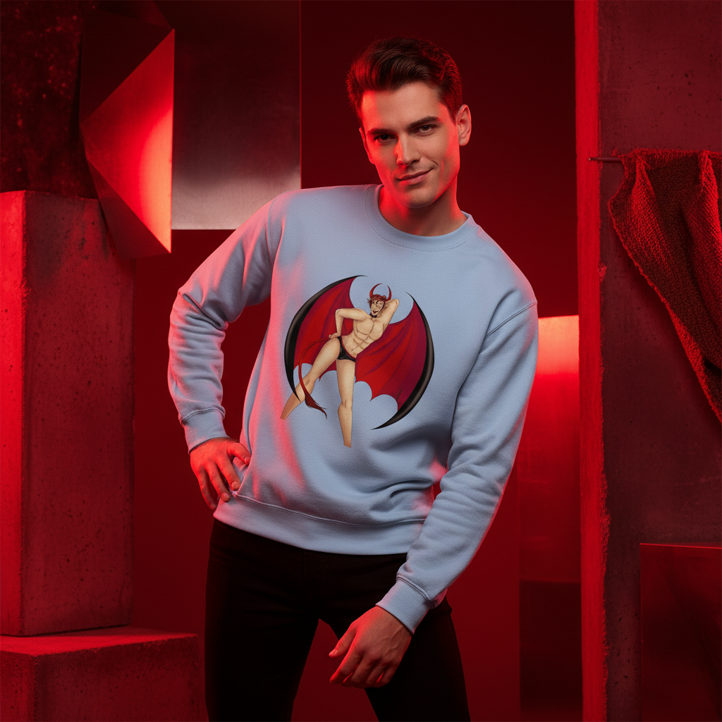 Gay Devil Unisex Sweatshirt in light blue with a cartoon devil, red wings and tail; playful queer vibes, bold textured fabric.