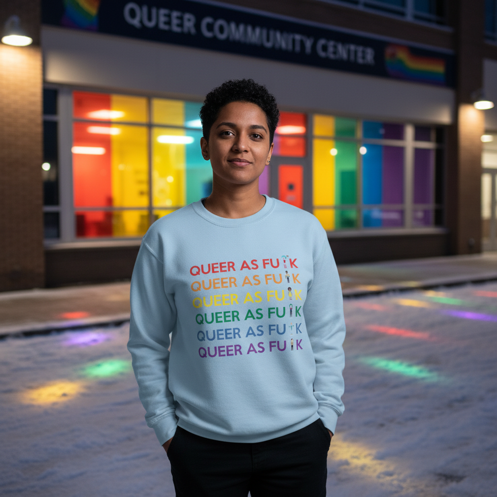 Person wearing a light-blue Queer As Fu*k Unisex Sweatshirt standing confidently outside a Queer Community Center. The sweatshirt is extra-soft, perfect for warmth and prideful self-expression in colder weather.