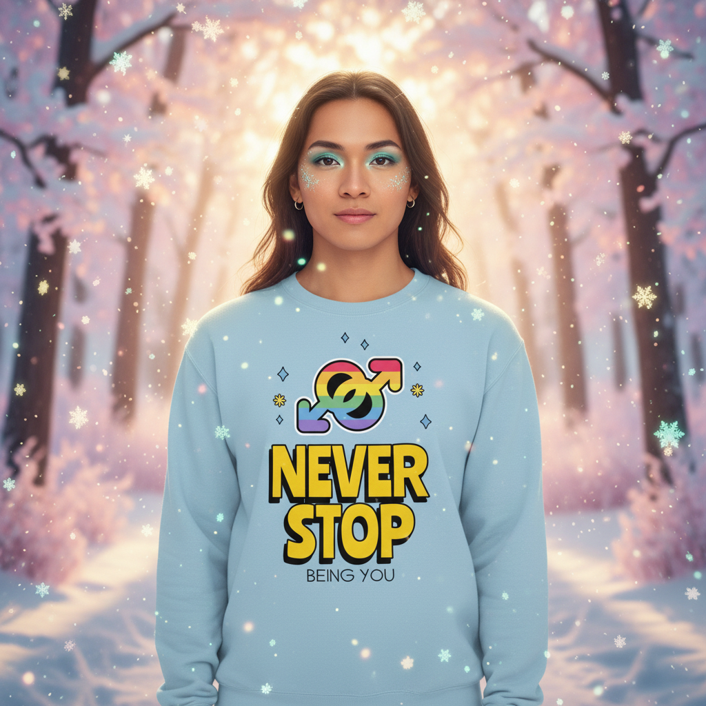 Young person in a snowy forest wears the Never Stop Being You Unisex Sweatshirt, featuring a rainbow-gradient gender symbol and motivational text, embodying queer pride and self-expression with cozy, inclusive comfort.