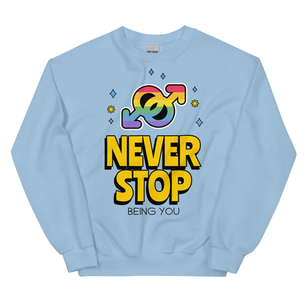 Unisex crewneck sweatshirt in light blue with rainbow interlocked male symbols, sparkles, and bold yellow 