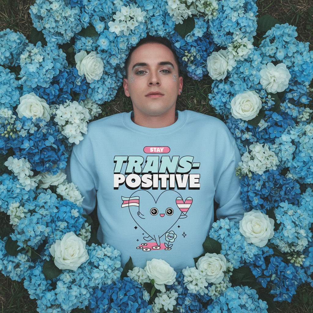 Stay Trans-Positive Unisex Sweatshirt with a cartoon heart and trans flag, modeled by a short-haired person on grass with hydrangeas.
