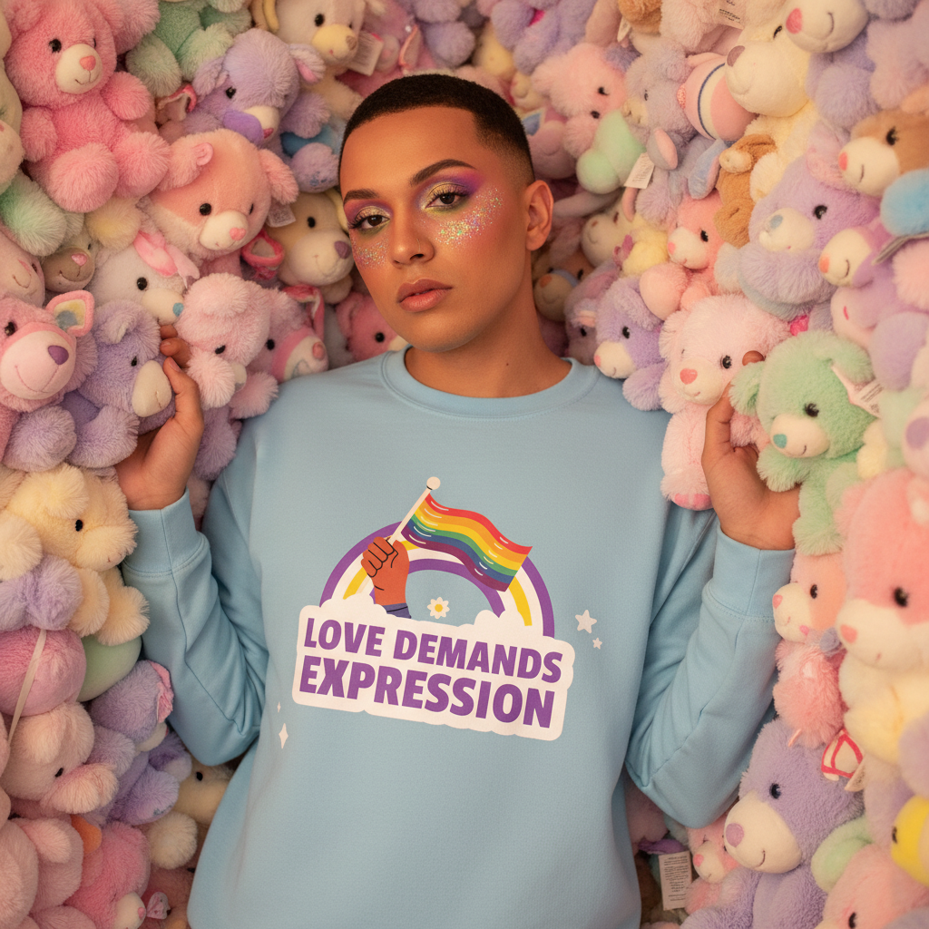 Unisex Love Demands Expression sweatshirt with rainbow, pride flag, and “LOVE DEMANDS EXPRESSION,” worn with glittery makeup.