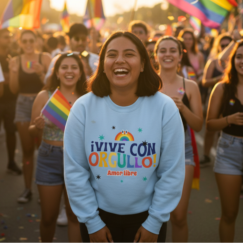Smiling person in a light blue sweatshirt reading “¡Vive Con Orgullo! Amor libre” at a Pride parade