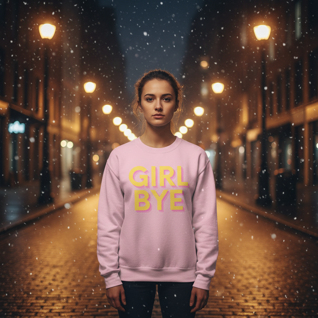 Pink sweatshirt with yellow “GIRL BYE” lettering worn by a model on a snowy city street