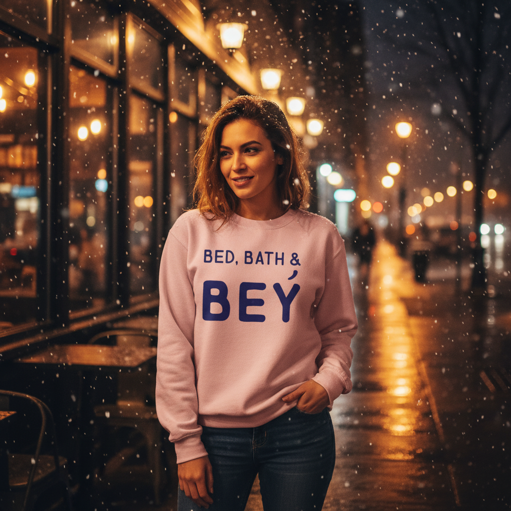 Pink unisex sweatshirt with blue “BED, BATH & BEY” text, worn outdoors in falling snow