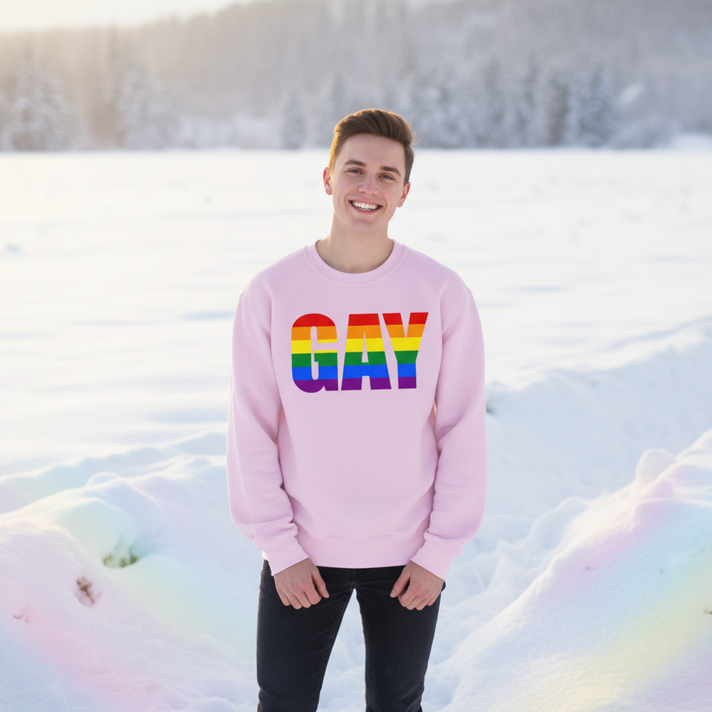 Smiling person wearing a pink sweatshirt with rainbow-striped “GAY” lettering in snowy scenery