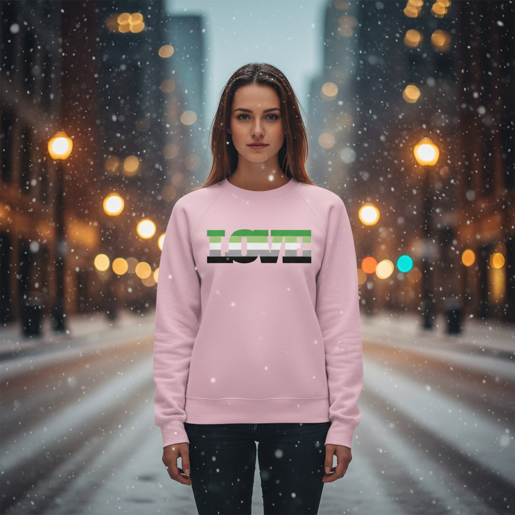 Front-facing model in a pink sweatshirt with a green, white, and black LOVE graphic in falling snow