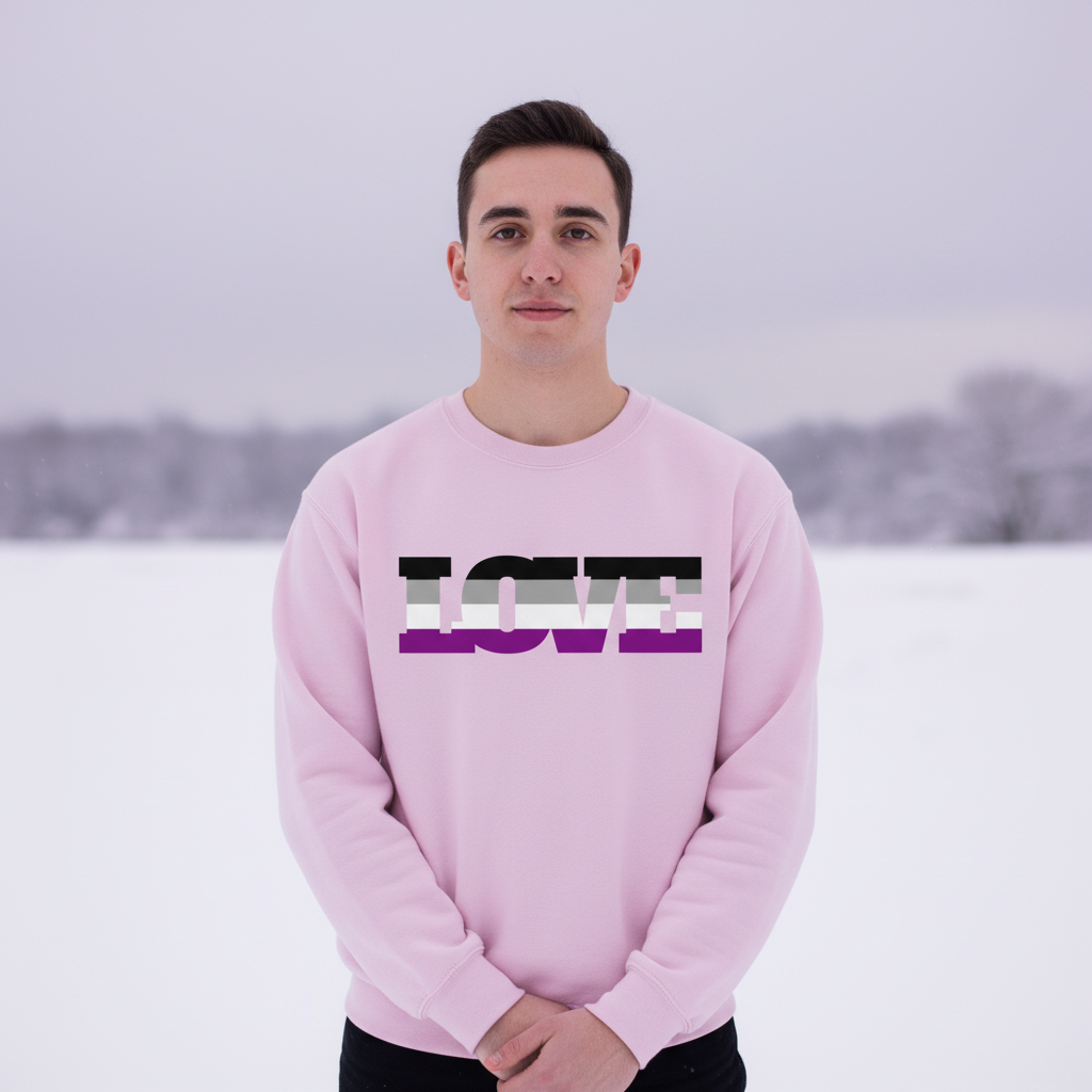 Front-facing model in a pink sweatshirt with LOVE in black, gray, white, and purple stripes, outdoors in snow