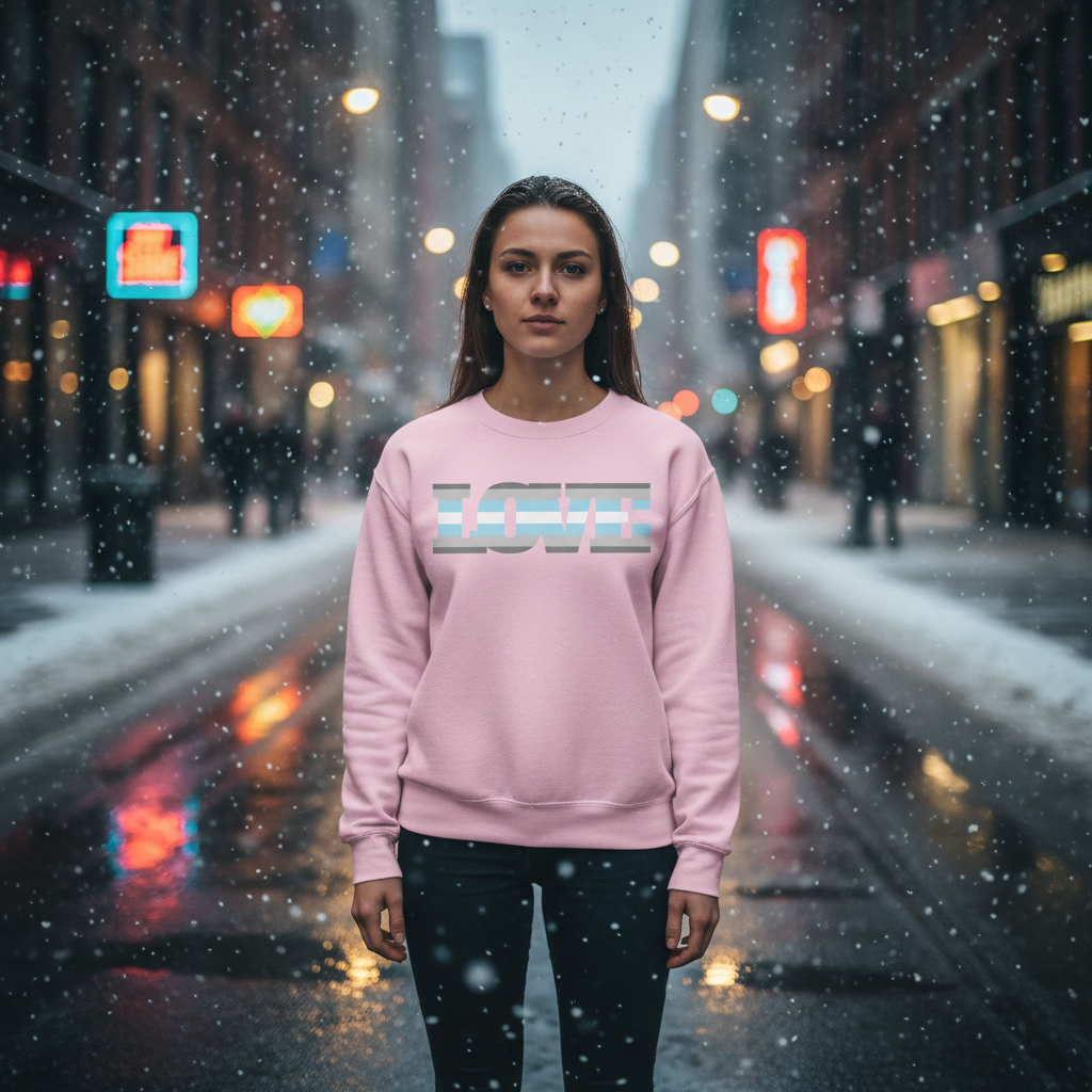 Person wearing the Demiboy Love Unisex Sweatshirt stands in a snow-dusted city street, embodying queer pride with its bold LOVE design in pastel stripes, highlighting empowerment and visibility amidst neon reflections.