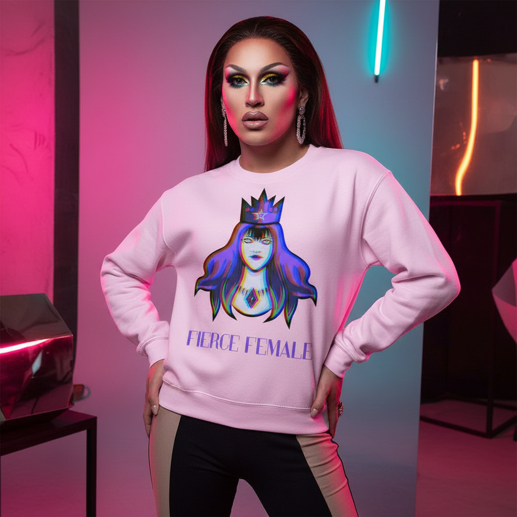 Person in vibrant, two-tone pants and a light-pink Fierce Female Unisex Sweatshirt, featuring a crowned face graphic, exuding empowering, prideful energy under pink and blue neon lights.