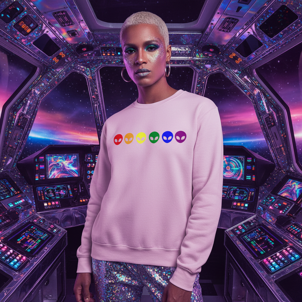 Light pink Gay Alien Unisex Sweatshirt with rainbow alien faces, shiny silver pants; queer style in a spaceship cockpit.