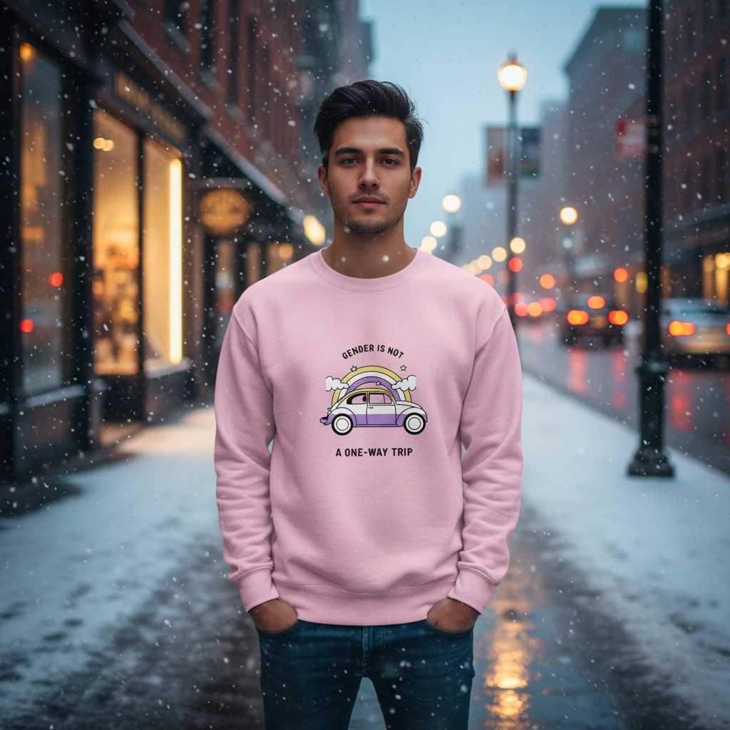 A young person in a snowy city wears the Gender Is Not A One-Way Trip unisex sweatshirt, showcasing LGBTQ pride with a cartoon car and rainbow design, combining comfort and self-expression.