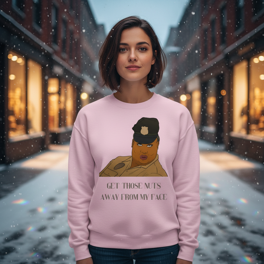 Person wearing a pink sweatshirt with a police officer graphic and “GET THOSE NUTS AWAY FROM MY FACE” text