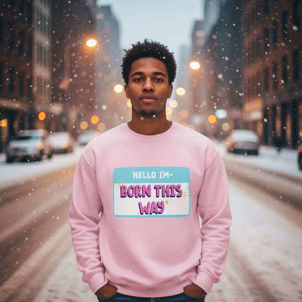 Person wearing a pink sweatshirt reading “HELLO I'M—BORN THIS WAY” in a snowy city