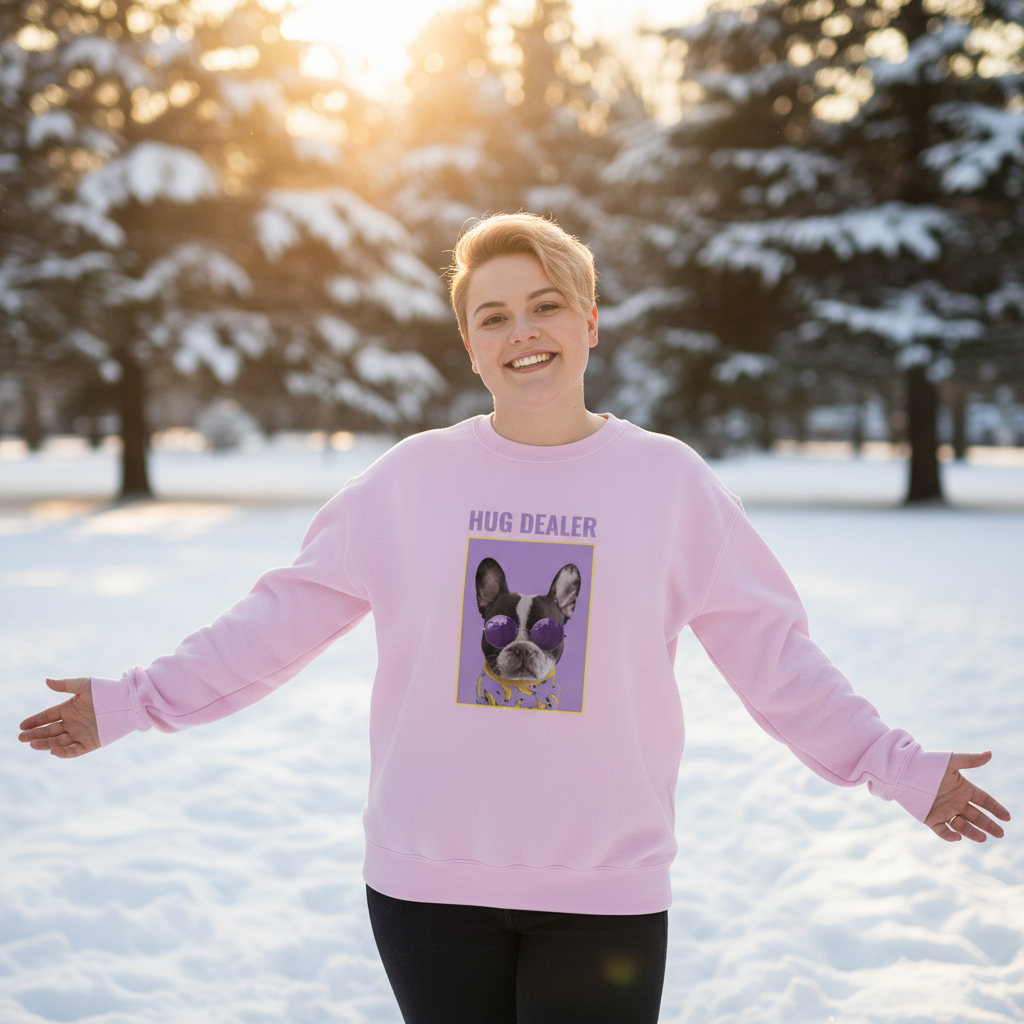 Person wearing a pink “HUG DEALER” sweatshirt with a French bulldog graphic in snowy woods