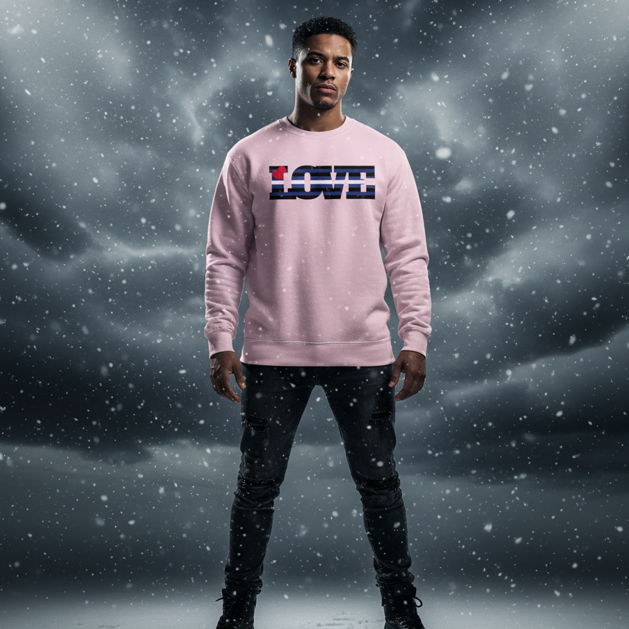 Young man in snow wearing the Leather Pride Love Unisex Sweatshirt, featuring bold LOVE letters. Paired with distressed jeans and black boots, embodying empowerment, visibility, and queer self-expression.