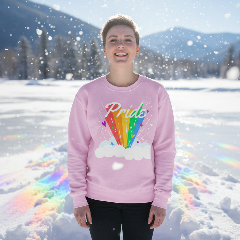 Person wearing a pink Pride sweatshirt with a rainbow-and-cloud graphic in snowy scenery