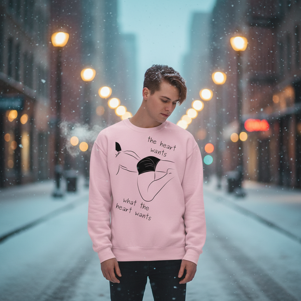 The Heart Wants What The Heart Wants Unisex Sweatshirt, featuring a minimalist reclining figure design, embodies pride and self-expression on a snow-dusted city street, capturing warmth and comfort in inclusive queer fashion.