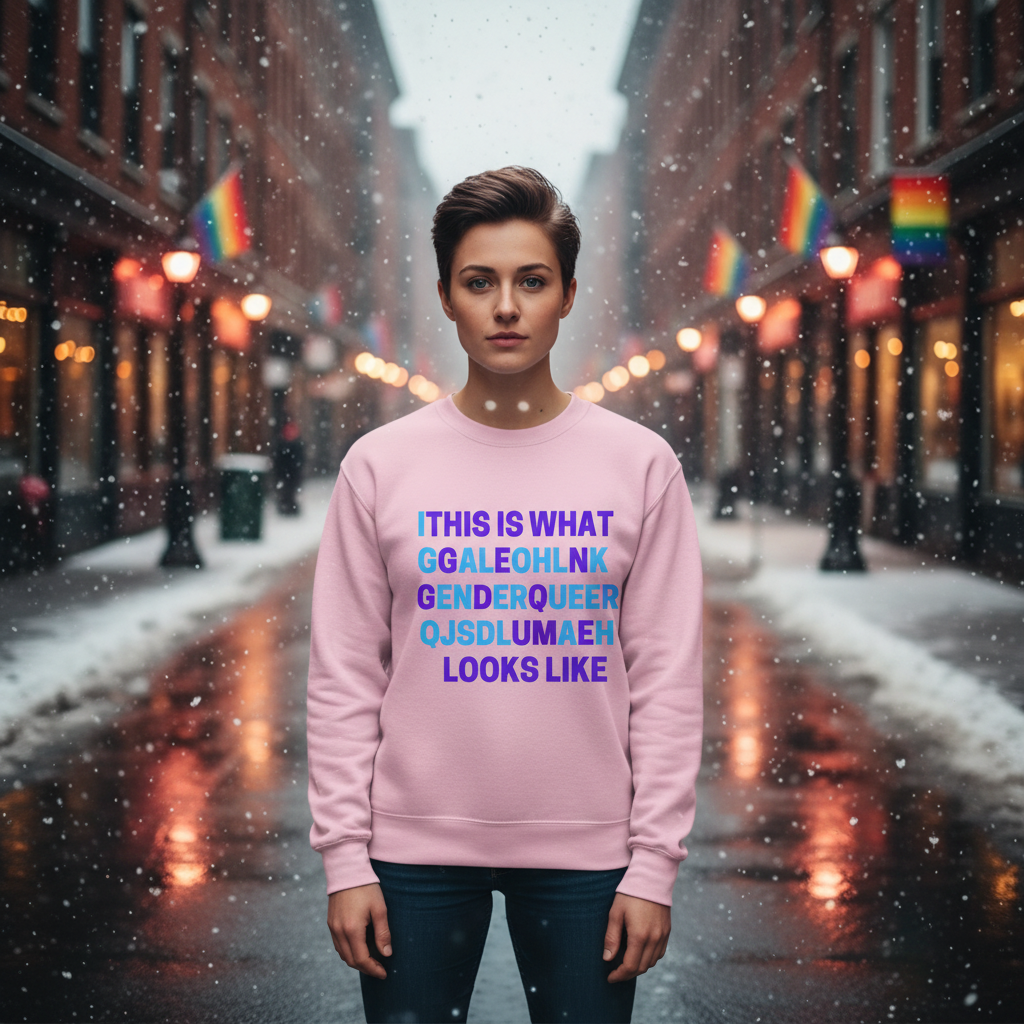 A young person wears the This Is What Genderqueer Looks Like Unisex Sweatshirt in a snowy street, embodying LGBTQIA+ pride and visibility with bold text, against a warm-lit urban backdrop.