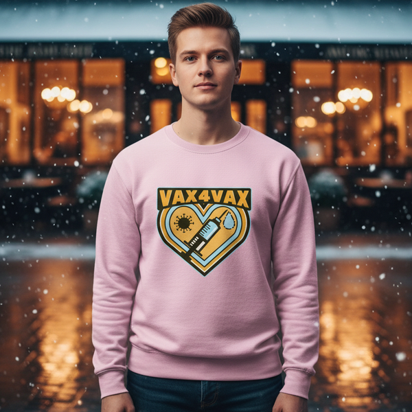 Front-facing person wearing a pink sweatshirt with a VAX 4 VAX heart graphic in falling snow