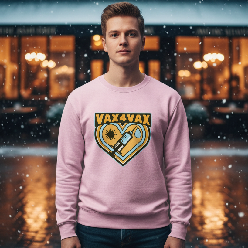Young man wearing the Vax 4 Vax Unisex Sweatshirt, featuring a heart graphic with a virus icon, syringe, and vial, symbolizing pride and self-expression in a cozy, snowy street setting.