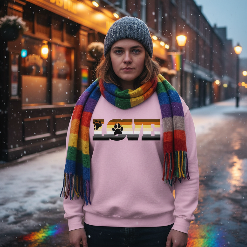 Young person wearing a Gay Bear Pride Unisex Sweatshirt, featuring LOVE in pride colors with a paw print, standing on a snowy street. The sweatshirt celebrates queer self-expression and empowerment.
