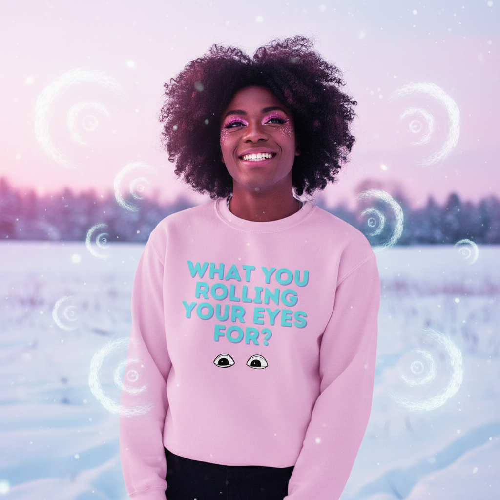 Young Black woman outdoors in a snowy landscape, wearing the What You Rolling Your Eyes For? Unisex Sweatshirt with teal text and cartoon eyes, embodying playful, inclusive, and prideful self-expression.