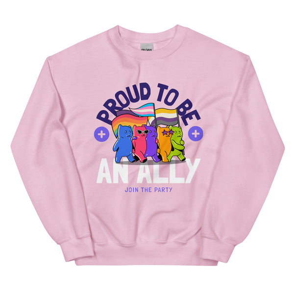 Unisex sweatshirt in light pink, with cartoon gummy bears holding rainbow and nonbinary Pride flags—a bold queer ally statement.