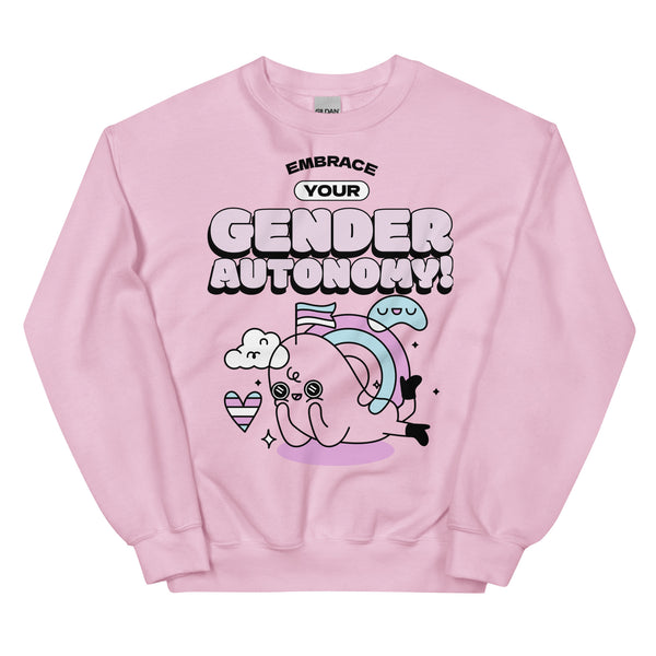 Unisex pink sweatshirt featuring a cartoon holding pride flags and rainbow, hearts, stars, and bold “EMBRACE YOUR GENDER AUTONOMY!”.