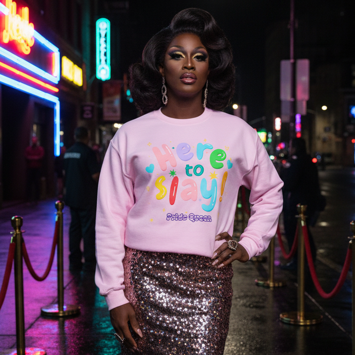 Here To Slay! Pride Queen Unisex Sweatshirt" worn by a drag queen at night, with big black hair, bold makeup, and a sequined skirt.