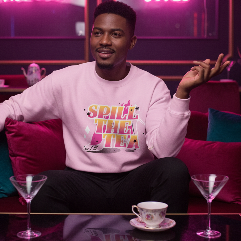 Spill The Tea Unisex Sweatshirt on a magenta couch, neon pink glow, martinis, teacup nearby—cozy queer pride vibes.