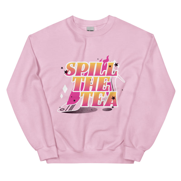 Unisex sweatshirt in soft light pink, “SPILL THE TEA” in bold yellow and pink, with queer-coded star, diamond, and splash icons.