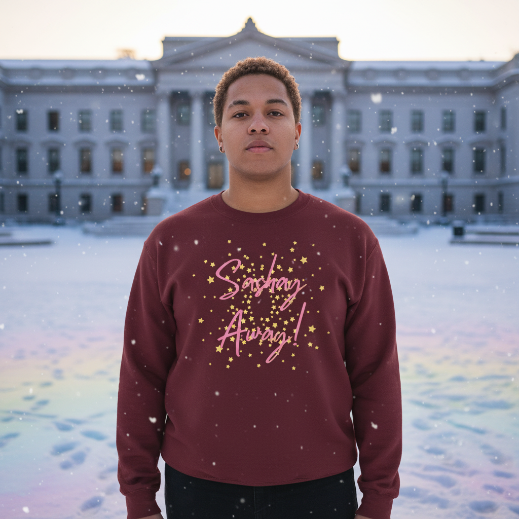 Model wearing a burgundy sweatshirt with pink “Sashay Away” lettering and gold stars in falling snow