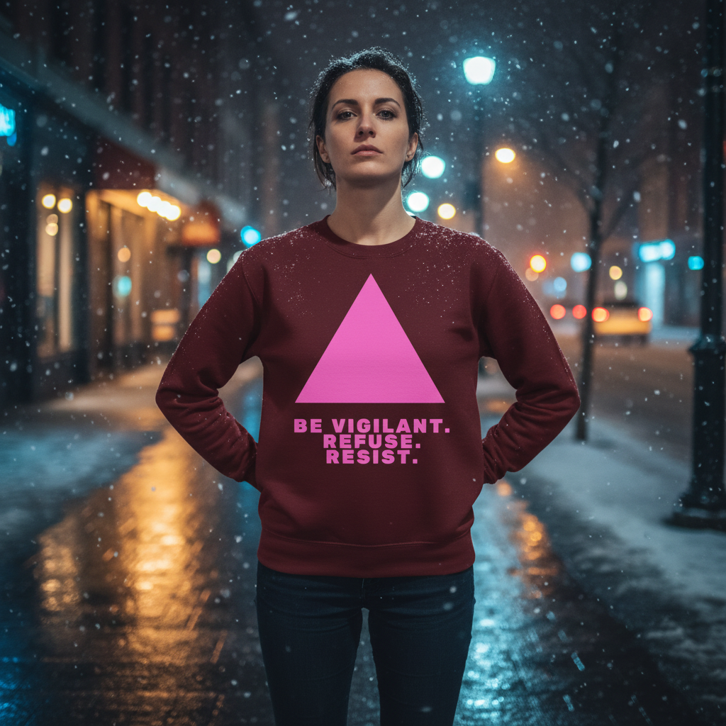 Maroon sweatshirt with pink triangle graphic and “BE VIGILANT. REFUSE. RESIST.” text, worn in a snowy street
