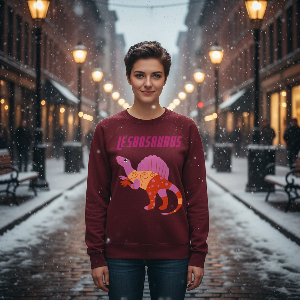 In a snowy city street, a person wears a burgundy Lesbosaurus dinosaur sweatshirt
