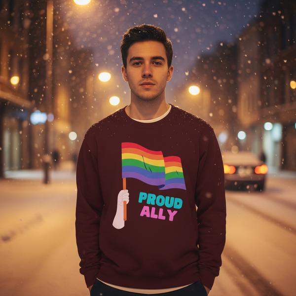 Model wearing a maroon sweatshirt with a rainbow flag graphic and “PROUD ALLY” text