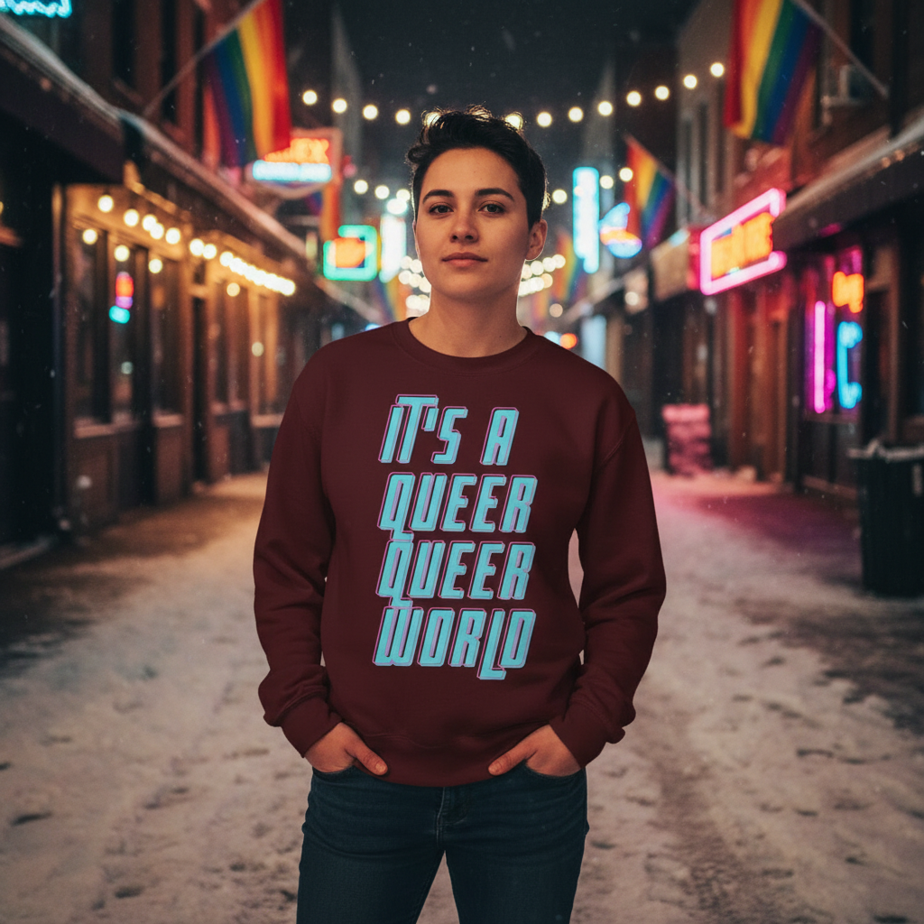 Young person wearing the It's A Queer Queer World Unisex Sweatshirt stands confidently on a festive, snow-dusted street, embodying queer empowerment and visibility with its bold light-blue lettering on burgundy.