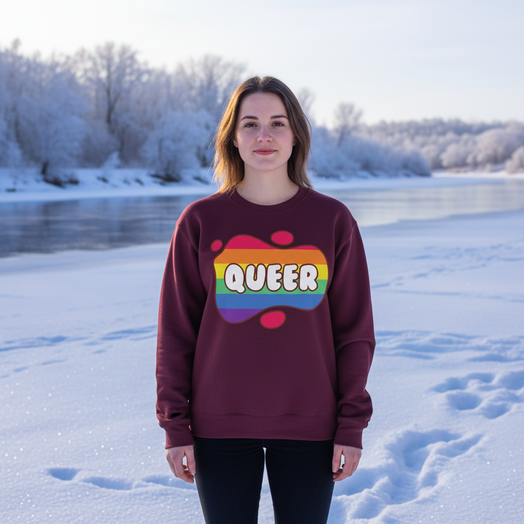 Front-facing person in a burgundy sweatshirt with a rainbow QUEER graphic, standing in snowy scenery