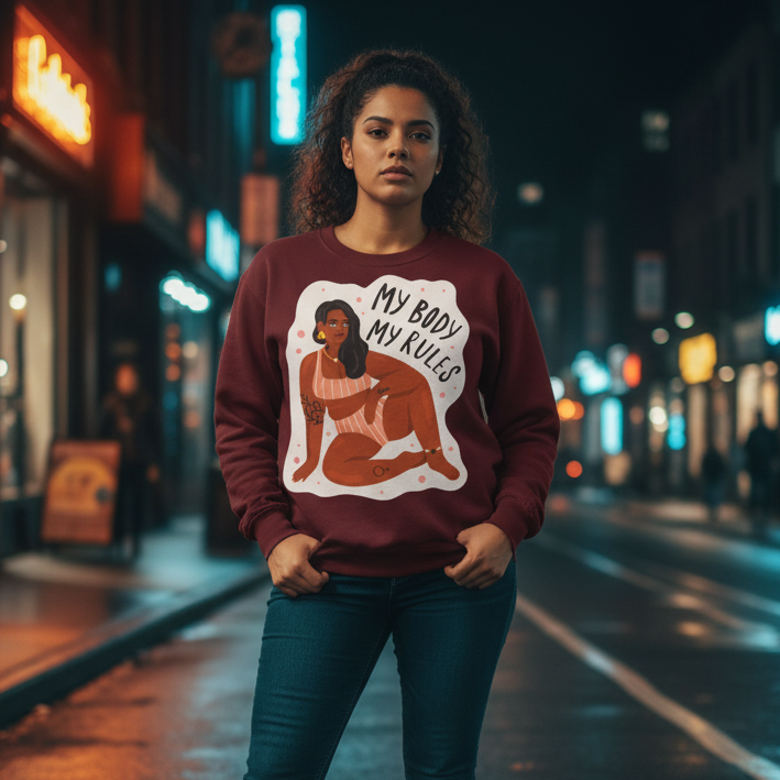 Person wearing a burgundy sweatshirt with “MY BODY MY RULES” graphic on a city street