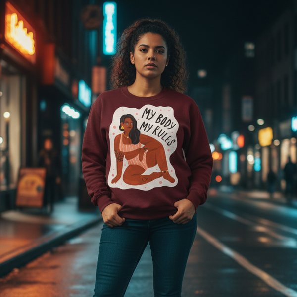 Person wearing a burgundy sweatshirt with “MY BODY MY RULES” graphic on a city street