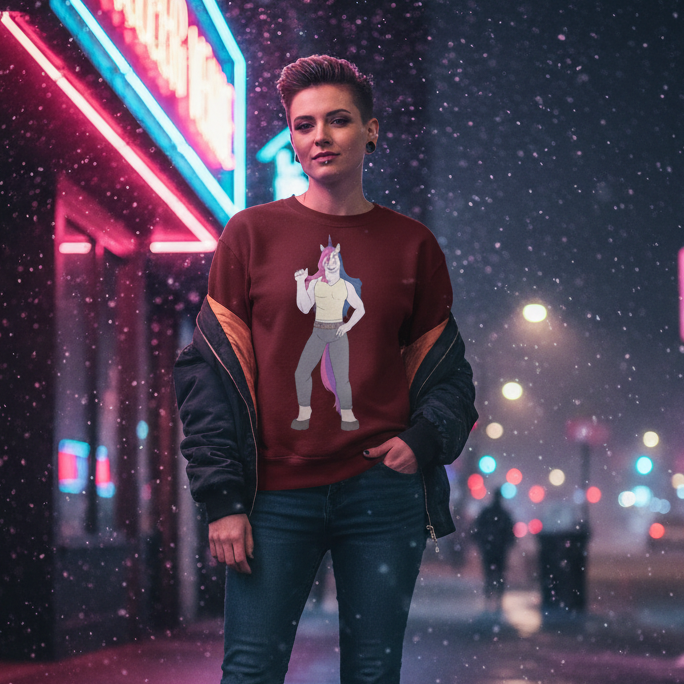 Person models a burgundy sweatshirt with a muscular unicorn graphic under a dark jacket at night