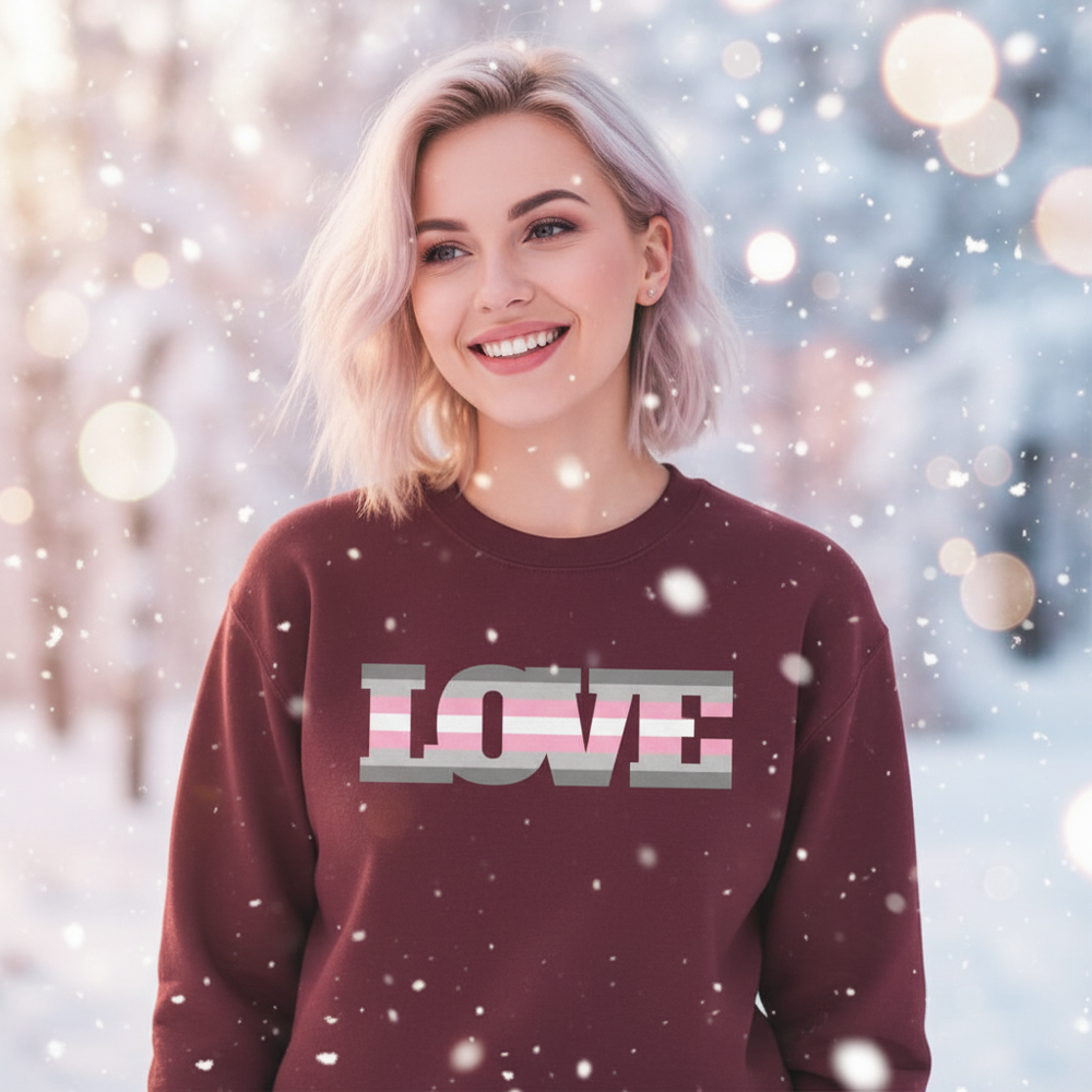 Smiling model in falling snow wearing a burgundy sweatshirt with striped LOVE lettering